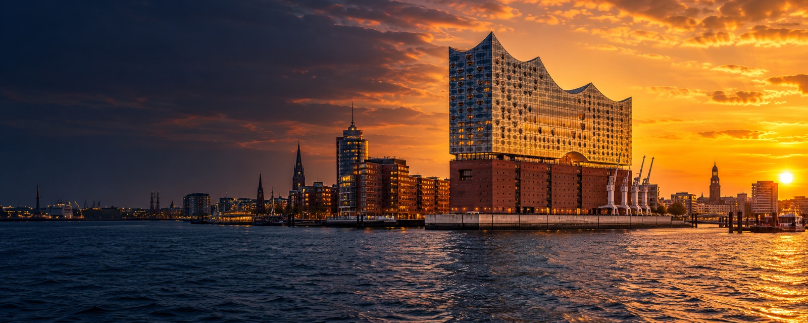 Hamburger Hafen mit Elbphilharmonie bei Sonnenuntergang