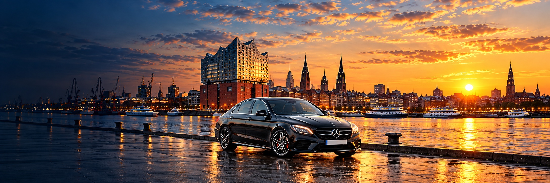 Mercedes-Benz vor der Hamburger Skyline bei Sonnenuntergang