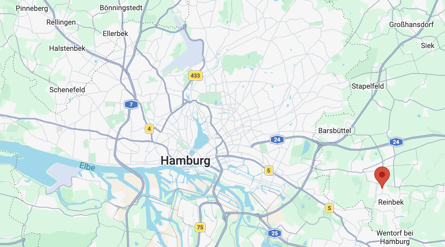 Karte von Hamburg und Umgebung mit Standortmarkierung in Reinbek.