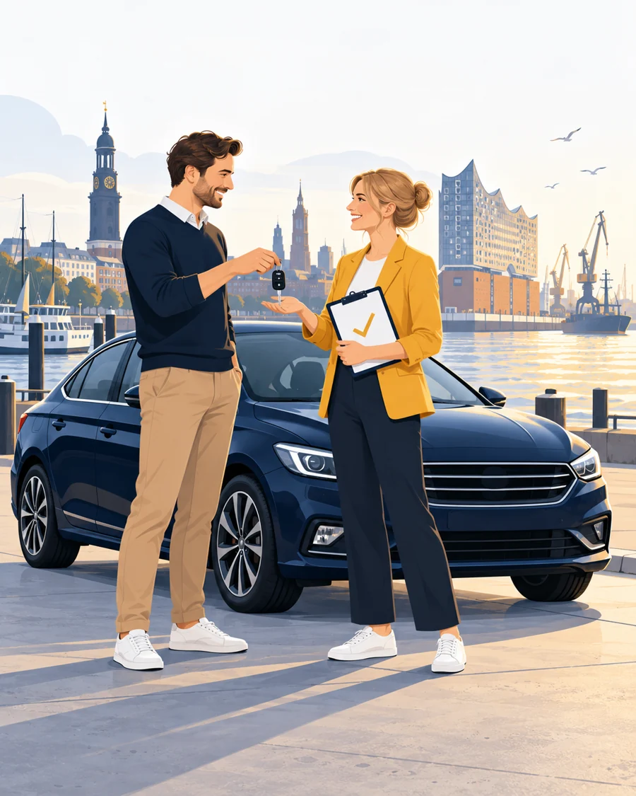 Illustration: Persönliche Autoübergabe mit Schlüssel und Kaufangebot in Hamburg